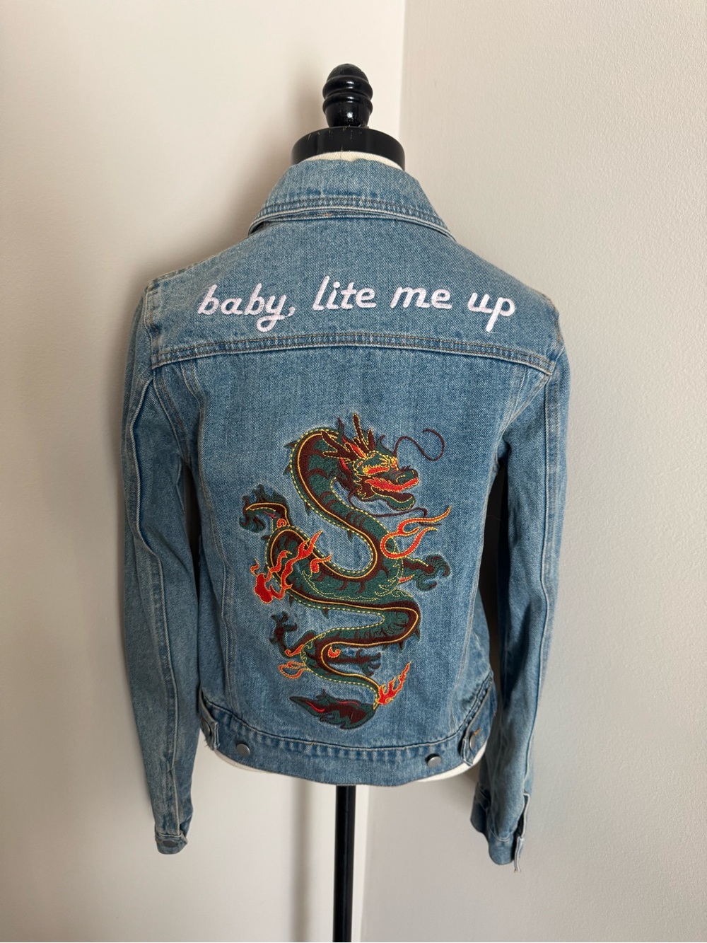 Honey Punch Light Blue Denim Jacket with Embroidered Dragon